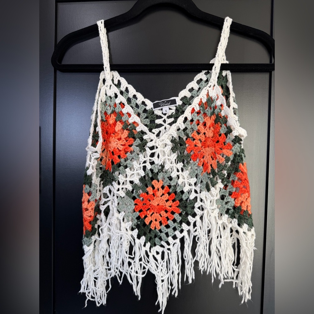 Vivid Boho Crochet Fringe Tank Top – Size Small